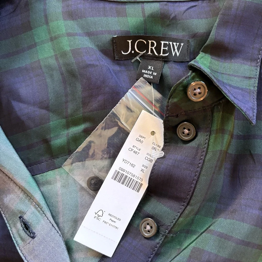 J. Crew Drapey Button Up Shirt Black Watch Tartan NWT